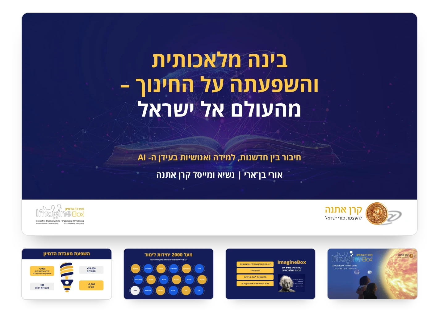 מצגת לקרן אתנה, קרן חינוכית: שקף פתיחה "בינה מלאכותית והשפעתה על החינוך" וארבעה שקפים נוספים