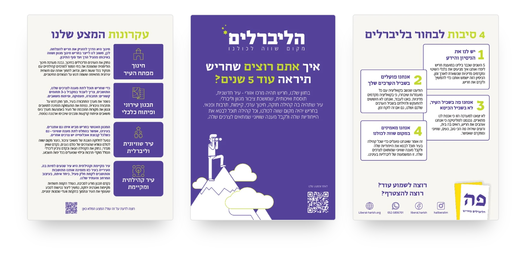 פליירים לקמפיין הבחירות של הליברלים בחריש: עקרונות המצע, ארבע סיבות לבחור ומסר לחמש השנים הבאות