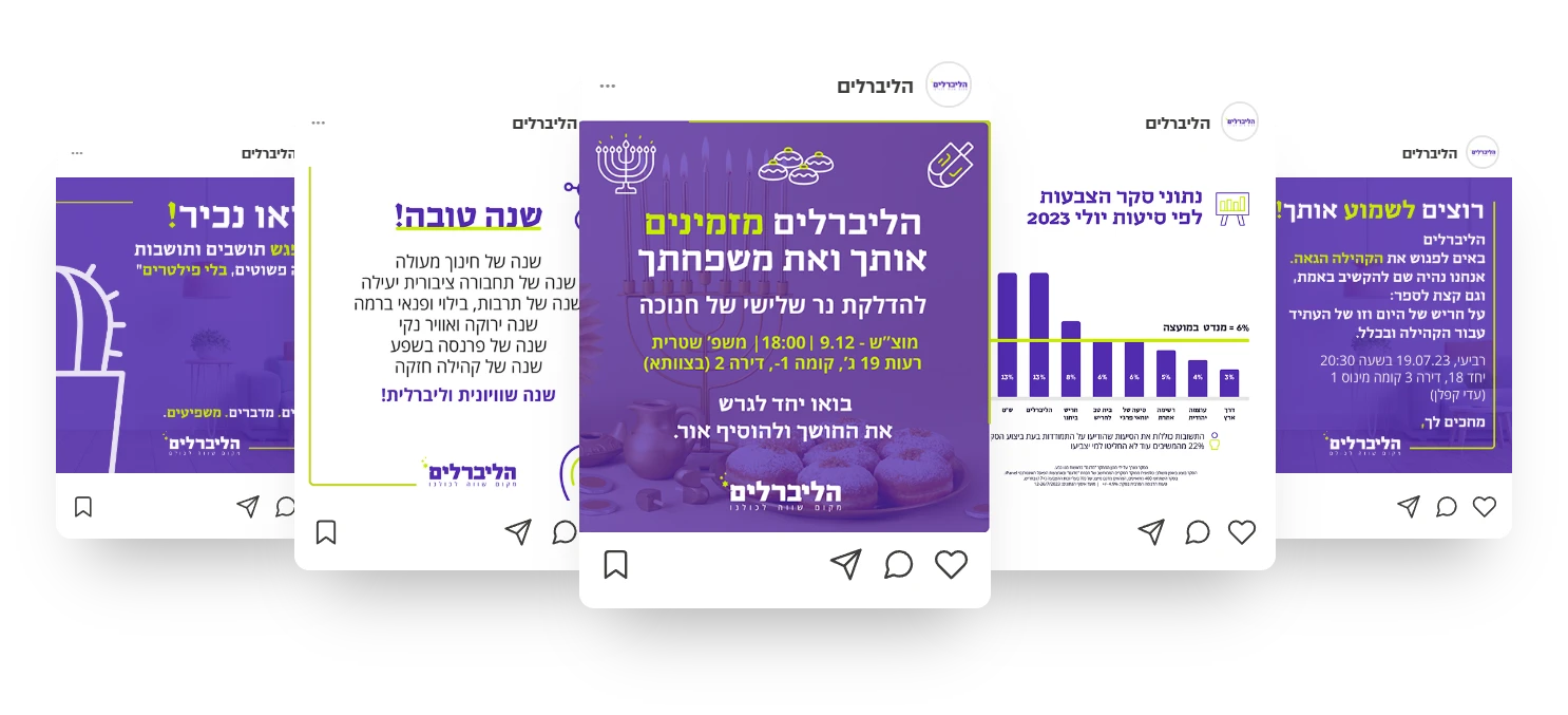 פוסטים לרשתות לקמפיין הבחירות של סיעת הליברלים בחריש: הזמנה להדלקת נר חנוכה, נתוני סקר וברכת שנה טובה